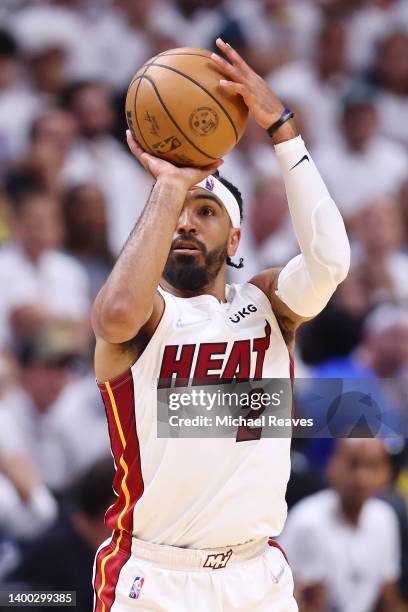 Gabe Vincent of the Miami Heat shoots a three pointer against the Philadelphia 76ers during the second half in Game Five of the Eastern Conference...