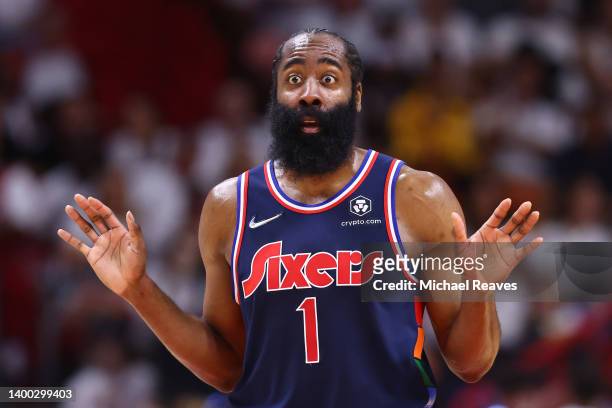 James Harden of the Philadelphia 76ers reacts against the Miami Heat during the first half in Game Five of the Eastern Conference Semifinals at FTX...