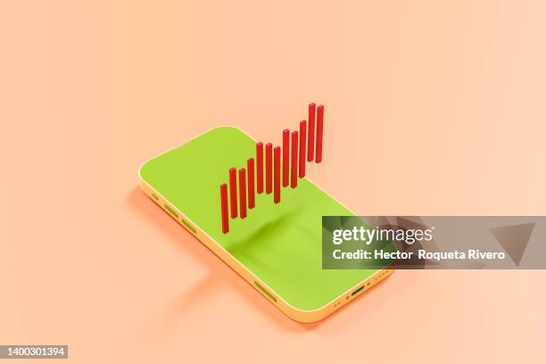 computer generated image of mobile phone with red statistics bars on orange background, business and banking concept - 3d data bars stock-fotos und bilder