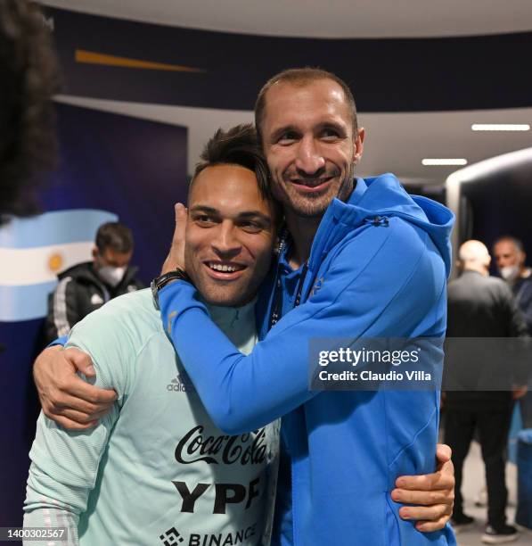 Giorgio Chiellini of Italy and Lautaro Martinez of Argentina attend at Wembley Stadium on May 31, 2022 in London, England.