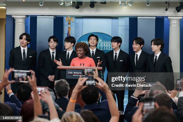 White House Press Secretary Karine Jean-Pierre welcomes V, Jungkook, Jimin, RM, Jin, J-Hope and Suga of the South Korean pop group BTS to the daily...