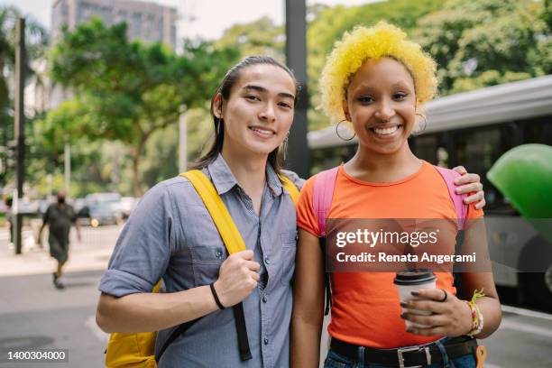 university student friends at paulista avenue in sao paulo , brazil - avenida paulista imagens e fotografias de stock