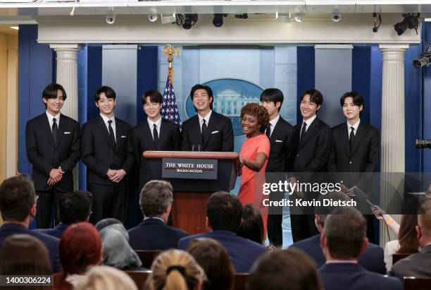 White House Press Secretary Karine Jean-Pierre welcomes V, Jungkook, Jimin, RM, Jin, J-Hope and Suga of the South Korean pop group BTS to the daily...