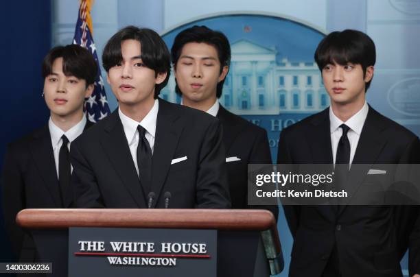 Jimin, V, RM and Jin of the South Korean pop group BTS speak at the daily press briefing at the White House on May 31, 2022 in Washington, DC. BTS...