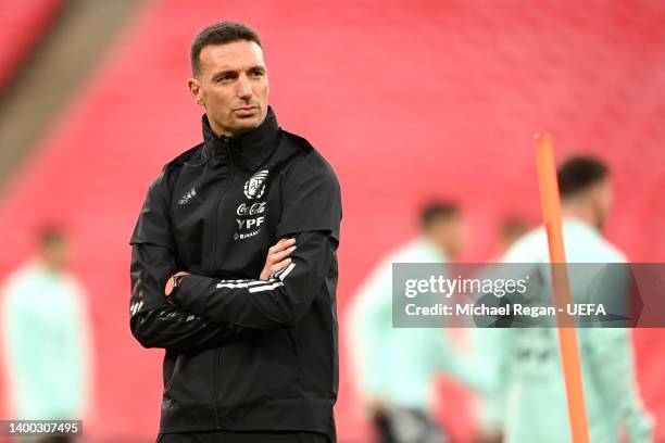 Lionel Scaloni, Head Coach of Argentina looks on during the Argentina Training Session at Wembley Stadium on May 31, 2022 in London, England.