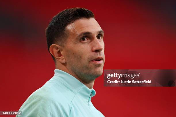 Emiliano Martinez of Argentina looks on during the Argentina Training Session at Wembley Stadium on May 31, 2022 in London, England.