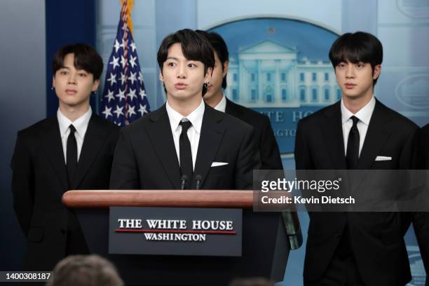 Jungkook of the South Korean pop group BTS speaks at the daily press briefing at the White House on May 31, 2022 in Washington, DC. BTS met with U.S....