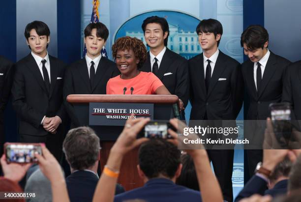 White House Press Secretary Karine Jean-Pierre welcomes Jungkook, Jimin, RM, Jin, and J-Hope of the South Korean pop group BTS to the daily press...