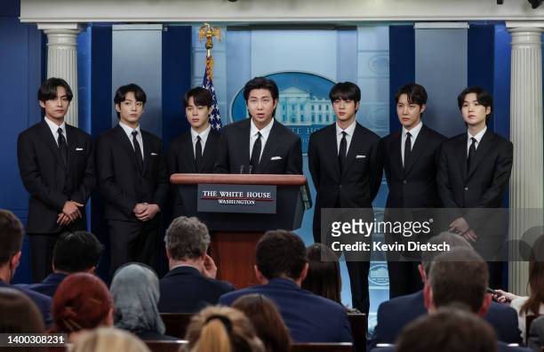Jungkook, Jimin, RM, Jin, J-Hope and Suga of the South Korean pop group BTS speak at the daily press briefing at the White House on May 31, 2022 in...