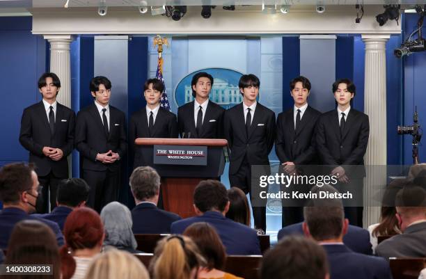 Jungkook, Jimin, RM, Jin, J-Hope and Suga of the South Korean pop group BTS speak at the daily press briefing at the White House on May 31, 2022 in...