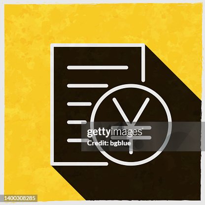 Bill or invoice in yens. Icon with long shadow on textured yellow background Bill or invoice in yens. Icon with long shadow on textured yellow background