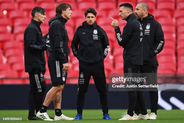 Lionel Scaloni, Head Coach of Argentina looks on during the Argentina Training Session at Wembley Stadium on May 31, 2022 in London, England.