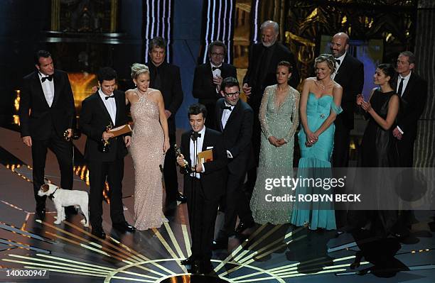 The Best Picture winner "The Artist," producer Thomas Langmann addresses the audience together with the movie cast onstage at the 84th Annual Academy...