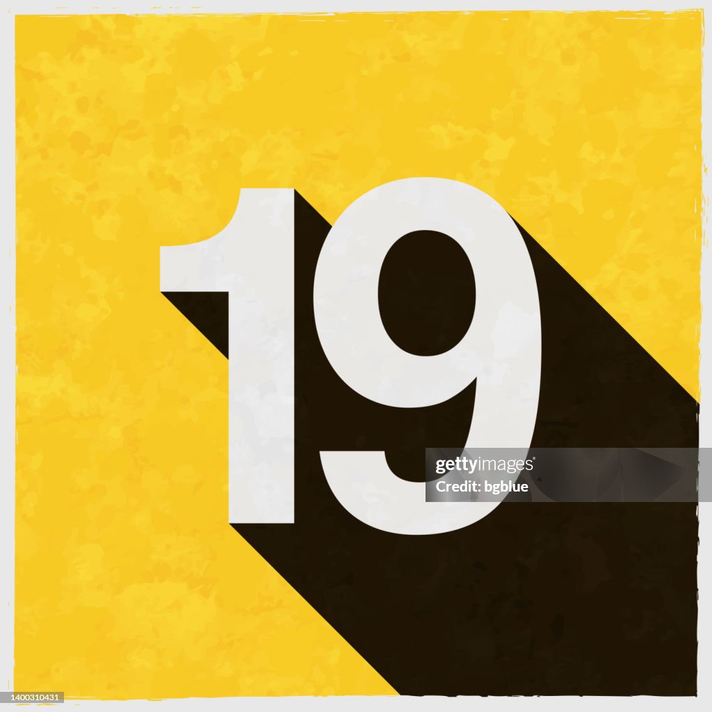 19 Number Nineteen Icon With Long Shadow On Textured Yellow Background 19 Number Nineteen Icon With Long Shadow On Textured Yellow Background