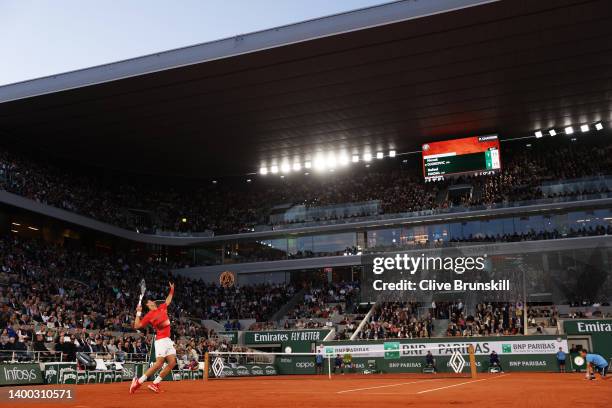 General view of Court Philippe-Chatrier as Novak Djokovic of Serbia serves against Rafael Nadal of Spain during the Men's Singles Quarter Final match...