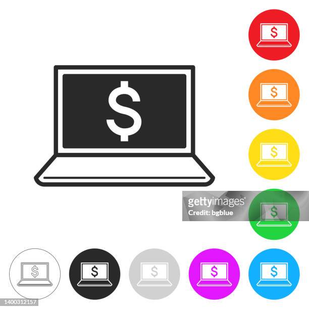 laptop mit dollarzeichen. symbol auf bunten schaltflächen - dollar sign stock-grafiken, -clipart, -cartoons und -symbole