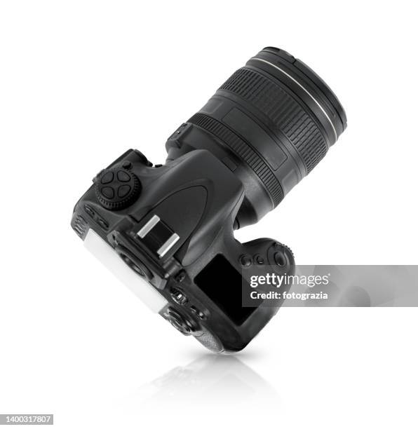 camera isolated on white with reflection - fotocamera stock-fotos und bilder