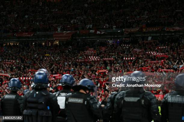French Gendarmerie in anti-riot attire line up in front of the Liverpool fans during the UEFA Champions League final match between Liverpool FC and...