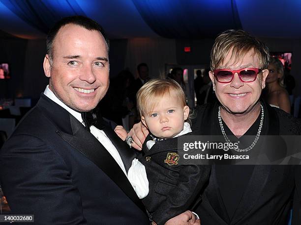 David Furnish, son Zachary and Sir Elton John attend the 20th Annual Elton John AIDS Foundation Academy Awards Viewing Party at The City of West...