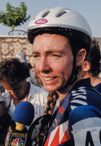 Inga Thompson of the USA speaks to a television reporter after the Women's Road Race in Sant Sadurní d'Anoia near Barcelona on July 26, 1992 during...