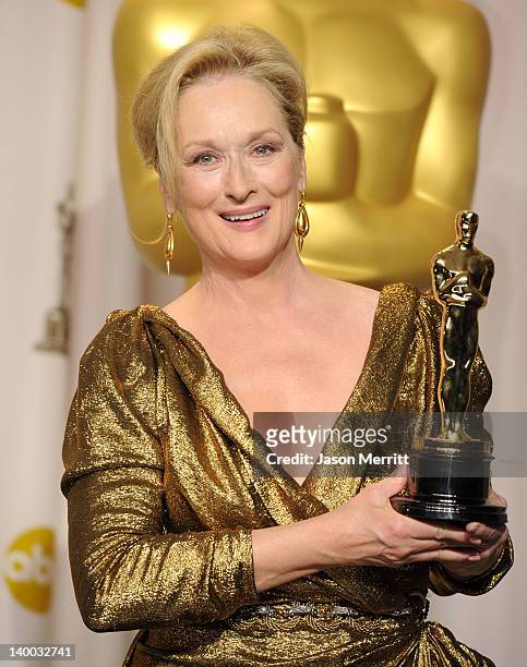 Actress Meryl Streep, winner of the Best Actress Award for 'The Iron Lady,' poses in the press room at the 84th Annual Academy Awards held at the...