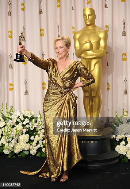 Actress Meryl Streep, winner of the Best Actress Award for 'The Iron Lady,' poses in the press room at the 84th Annual Academy Awards held at the...