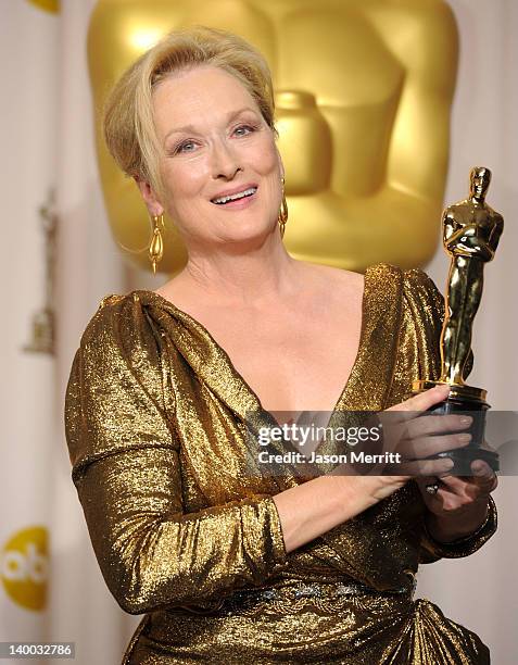 Actress Meryl Streep, winner of the Best Actress Award for 'The Iron Lady,' poses in the press room at the 84th Annual Academy Awards held at the...