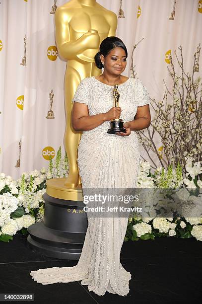 Actress Octavia Spencer poses in the press room at the 84th Annual Academy Awards held at the Hollywood & Highland Center on February 26, 2012 in...