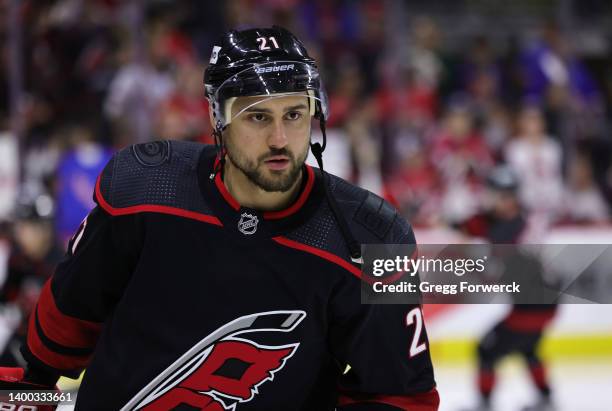 Nino Niederreiter of the Carolina Hurricanes warms up prior to Game Seven of the Second Round of the 2022 Stanley Cup Playoffs against the New York...