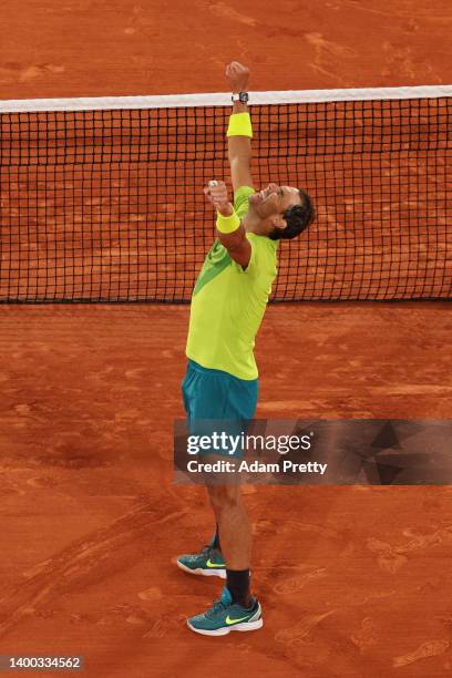 Rafael Nadal of Spain celebrates victory against Novak Djokovic of Serbia during the Men's Singles Quarter Final match on Day 10 of The 2022 French...