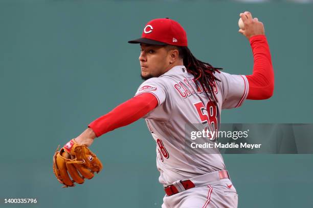 Starting pitcher Luis Castillo of the Cincinnati Reds throws against the Boston Red Sox during the first inning at Fenway Park on May 31, 2022 in...