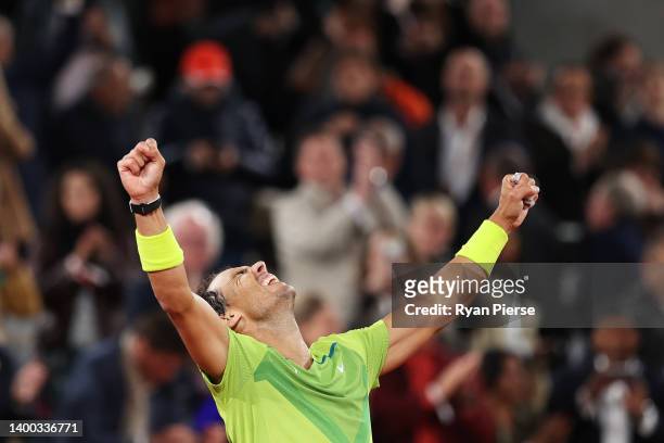 Rafael Nadal of Spain celebrates victory against Novak Djokovic of Serbia during the Men's Singles Quarter Final match on Day 10 of The 2022 French...