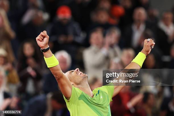 Rafael Nadal of Spain celebrates victory against Novak Djokovic of Serbia during the Men's Singles Quarter Final match on Day 10 of The 2022 French...