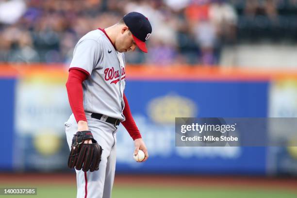 Patrick Corbin of the Washington Nationals reacts in the first inning against the New York Mets at Citi Field on May 31, 2022 in New York City.