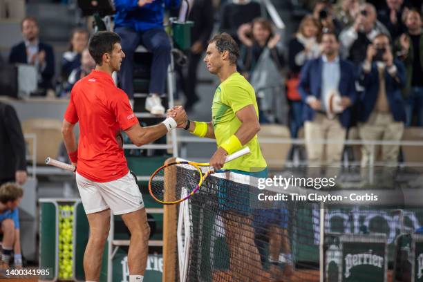 May 31. Winner Rafael Nadal of Spain is congratulated at the net by Novak Djokovic of Serbia on Court Philippe Chatrier during the singles Quarter...