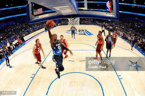 Rajon Rondo of the Boston Celtics and the Eastern Conference drives for a shot attempt during the 2012 NBA All-Star Game at the Amway Center on...