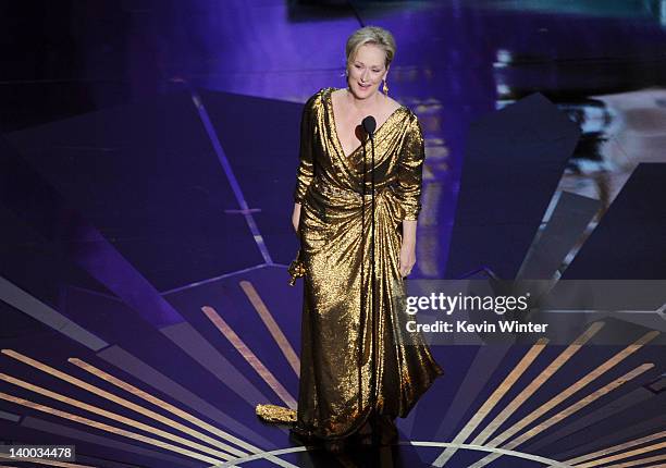 Actress Meryl Streep accepts the Best Actress Award for 'The Iron Lady' onstage during the 84th Annual Academy Awards held at the Hollywood &...