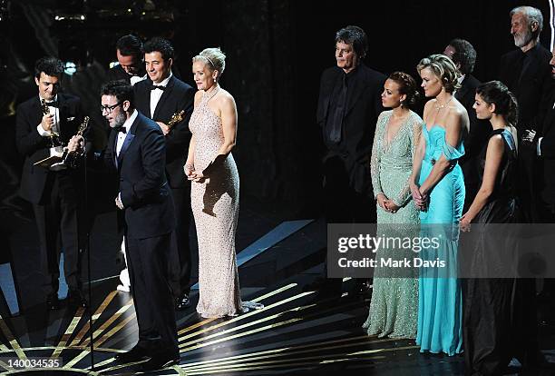 Producer Thomas Langmann, Director Michel Hazanavicius, actors Penelope Ann Miller, Berenice Bejo and Missi Pyle and the cast of "The Artist" accept...