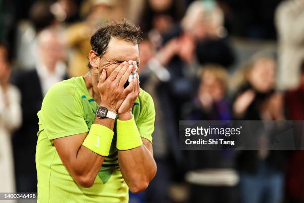 Rafael Nadal of Spain celebrates the victory in the Men's Singles Quarter Final match against Novak Djokovic of Serbia during Day Ten of The 2022...