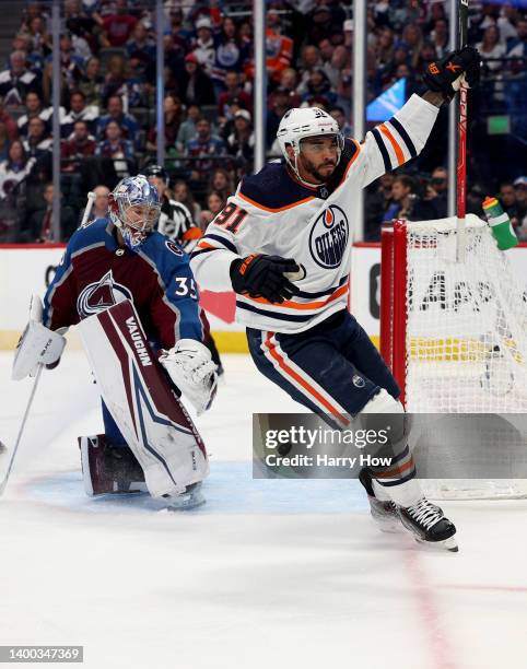 Evander Kane of the Edmonton Oilers celebrates after scoring a goal on Darcy Kuemper of the Colorado Avalanche during the first period in Game One of...