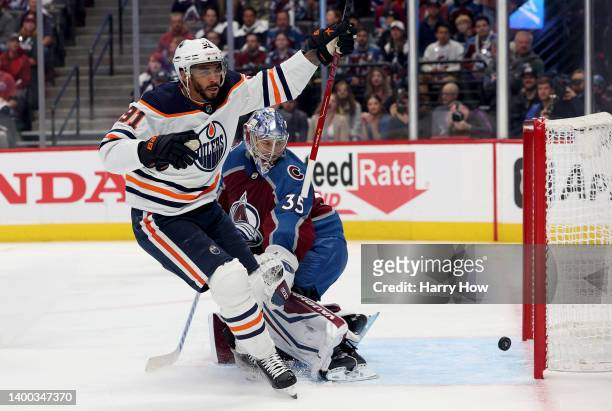 Evander Kane of the Edmonton Oilers celebrates after scoring a goal on Darcy Kuemper of the Colorado Avalanche during the first period in Game One of...
