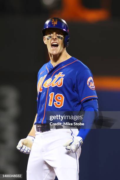 Mark Canha of the New York Mets reacts after hitting a 2-run double in the fourth inning against the Washington Nationals at Citi Field on May 31,...