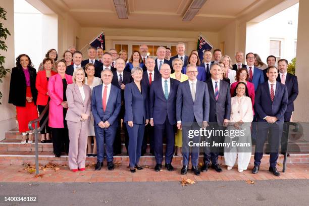 Prime Minister Anthony Albanese poses with his new Ministry after a swearing-in ceremony at Government House on June 01, 2022 in Canberra, Australia....