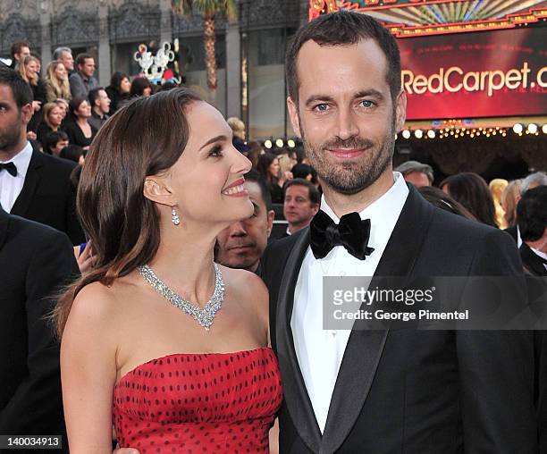 Actress Natalie Portman and choreographer Benjamin Millepied arrive at the 84th Annual Academy Awards held at the Hollywood & Highland Center on...