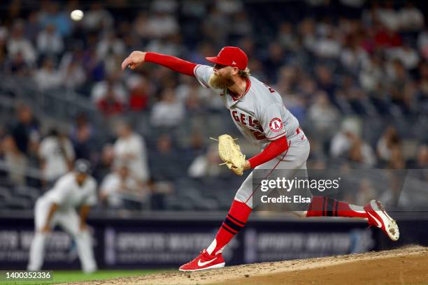 Archie Bradley of the Los Angeles Angels delivers a pitch in the eighth inning against the New York Yankees at Yankee Stadium on May 31, 2022 in the...