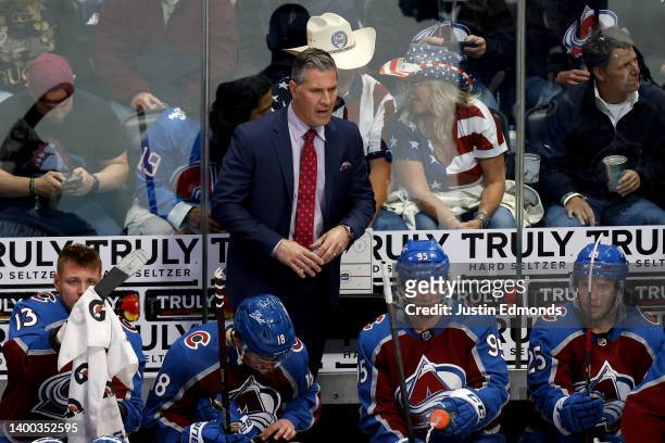 Head coach Jared Bednar of the Colorado Avalanche looks on against the Edmonton Oilers during the second period in Game One of the Western Conference...