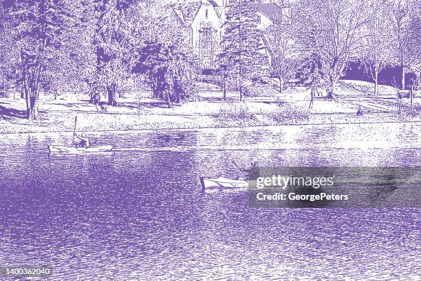 ilustraciones, imágenes clip art, dibujos animados e iconos de stock de kayakistas en un lago de parque público - hombre joven el parque