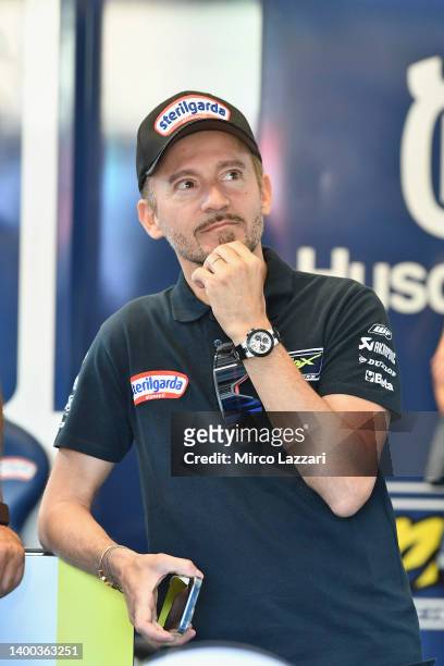 Max Biaggi of Italy looks on in box during the MotoGP of Italy - Qualifying at Mugello Circuit on May 28, 2022 in Scarperia, Italy.