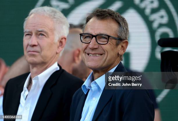 Mats Wilander, John McEnroe comment for Eurosport day 10 of the French Open 2022, second tennis Grand Slam of the year at Stade Roland Garros on May...