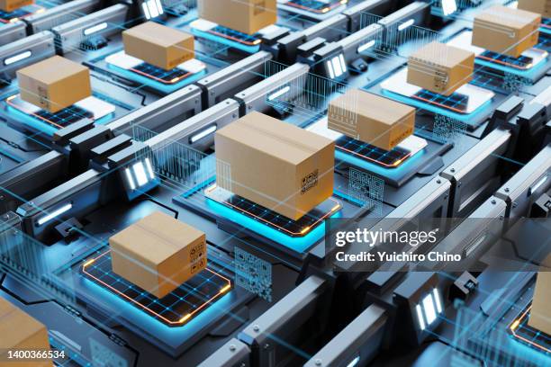 boxes on automated scanning line for shipping - digital shopping foto e immagini stock